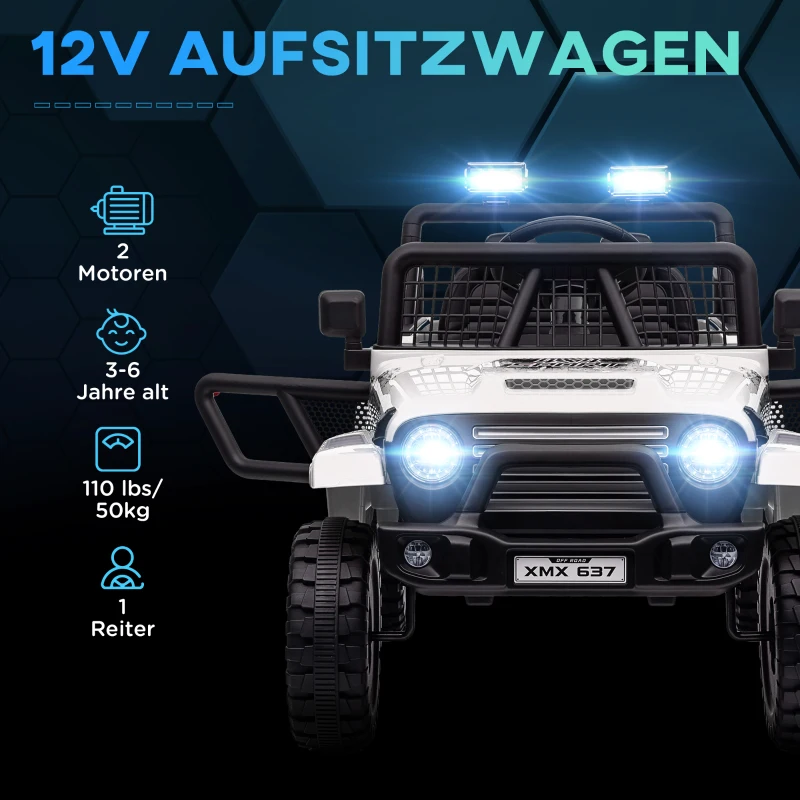 AIYAPLAY Kinder Elektrische Auto met Zachte Veren, Afstandsbediening, LED-lampjes, Toeter, 12V Motoren, van Kunststof en Metaal, Wit(m-4)