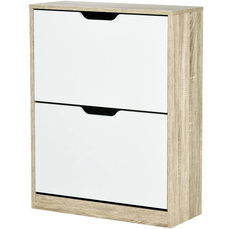 HOMCOM Armário para Sapatos Sapateira de Madeira com 2 Portas Abatíveis 4 Prateleiras de Armazenamento Capacidade 8 Pares de Sapatos para Entrada Corredor Dormitório 62,5x26x81cm Branco e Natural