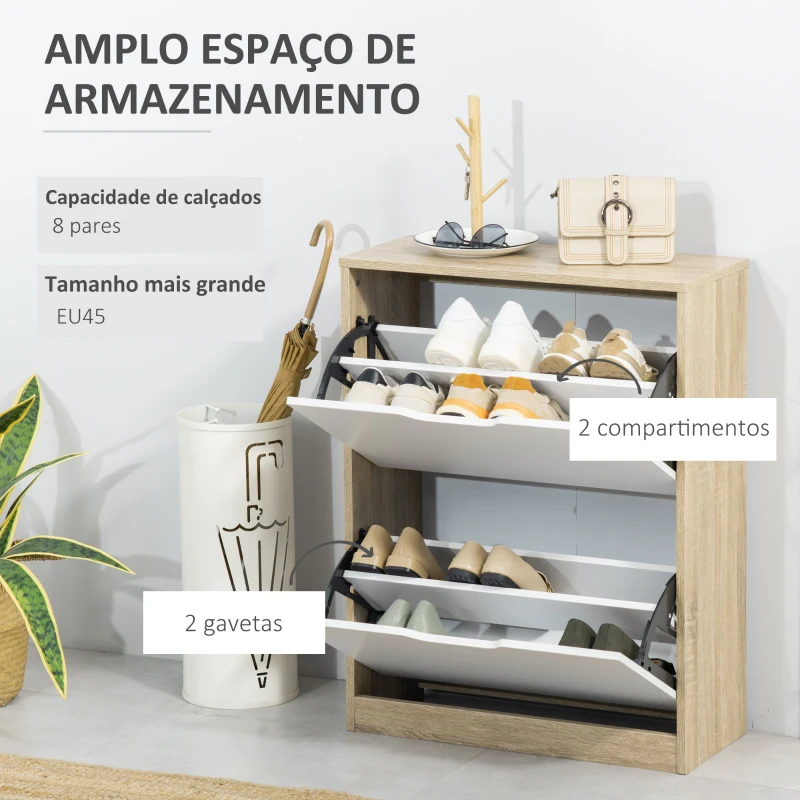 HOMCOM Armário para Sapatos Sapateira de Madeira com 2 Portas Abatíveis 4 Prateleiras de Armazenamento Capacidade 8 Pares de Sapatos para Entrada Corredor Dormitório 62,5x26x81cm Branco e Natural