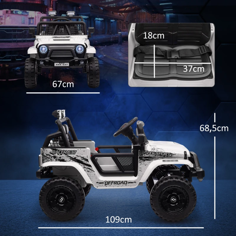 AIYAPLAY Kinder Elektrische Auto met Zachte Veren, Afstandsbediening, LED-lampjes, Toeter, 12V Motoren, van Kunststof en Metaal, Wit(m-3)