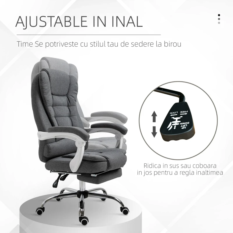 Vinsetto Scaun Ergonomic de Birou Reglabil cu Suport pentru Picioare, Spătar Înalt și Brațe, 65x70x115-123 cm, Gri