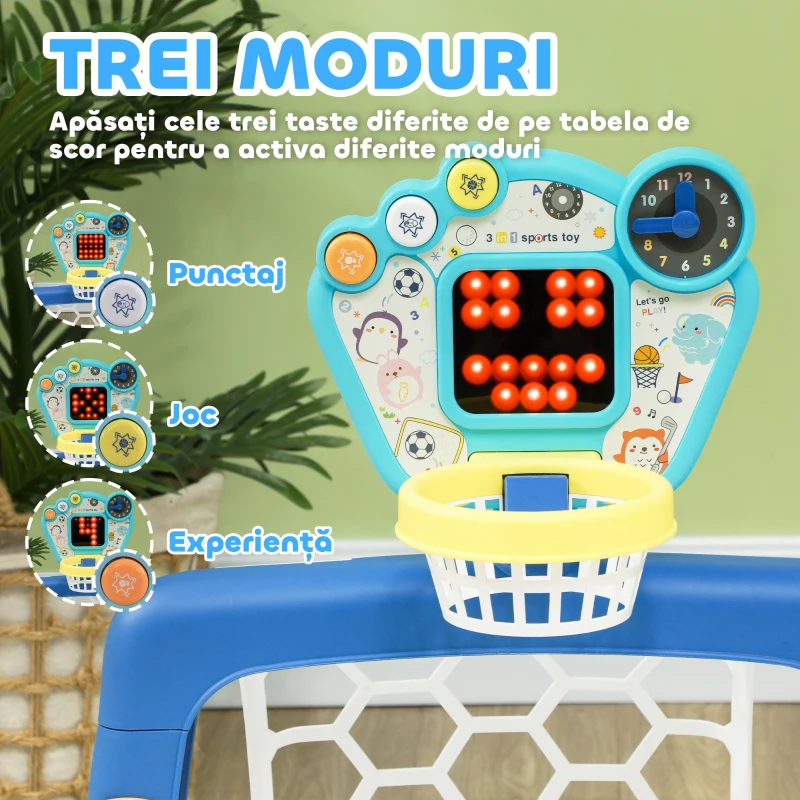 AIYAPLAY Joc pentru Copii cu Poartă de Fotbal, Coș de Baschet Reglabil și Gaură de Golf, 54x38,8x60,4-68 cm, Multicolor
