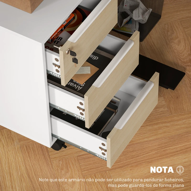 HOMCOM Bloco de Gavetas Móvel de Escritório com 3 Gavetas Fechadura Rodas e Travão para Documentos 40x40x63,5 cm Madeira e Branco