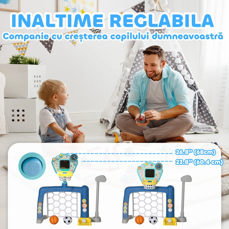 AIYAPLAY Joc pentru Copii cu Poartă de Fotbal, Coș de Baschet Reglabil și Gaură de Golf, 54x38,8x60,4-68 cm, Multicolor