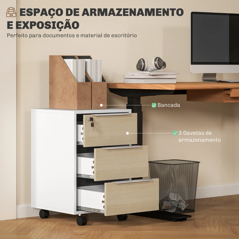 HOMCOM Bloco de Gavetas Móvel de Escritório com 3 Gavetas Fechadura Rodas e Travão para Documentos 40x40x63,5 cm Madeira e Branco