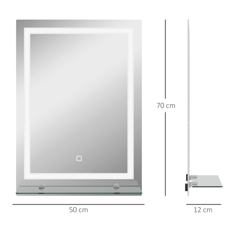 Kleankin Oglindă de Baie cu Lumini LED în 3 Culori Reglabile și Raft din Sticlă, 50x12x70 cm, Argintiu