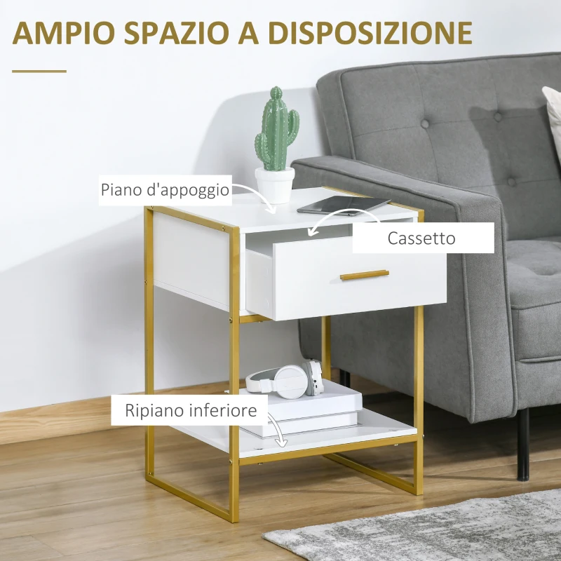 HOMCOM Set 2 Comodini Moderni con Cassetto e Ripiano Aperto in MDF e Acciaio, 45x40x60cm, Bianco e Oro