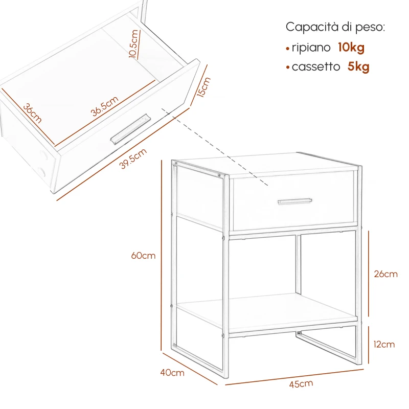 HOMCOM Set 2 Comodini Moderni con Cassetto e Ripiano Aperto in MDF e Acciaio, 45x40x60cm, Bianco e Oro