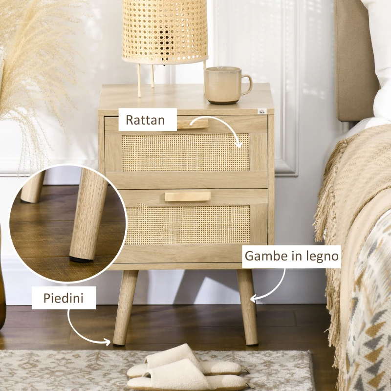 HOMCOM Set 2 Comodini per Camera da Letto Stile Boho con 2 Cassetti, 40x40x56cm, Legno Naturale