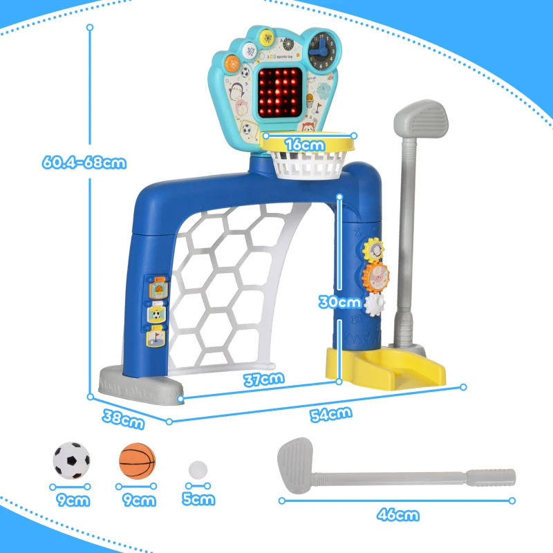 AIYAPLAY Joc pentru Copii cu Poartă de Fotbal, Coș de Baschet Reglabil și Gaură de Golf, 54x38,8x60,4-68 cm, Multicolor