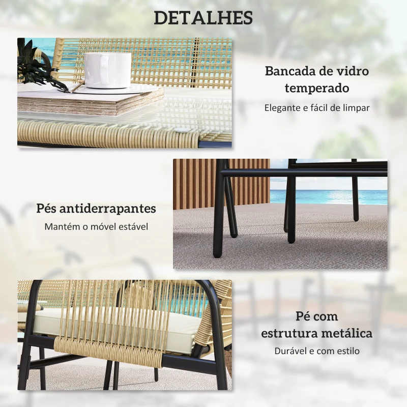 Outsunny Conjunto de 4 Peças de Móveis de Jardim de Vime Sintético com 2 Poltronas 1 Sofá Duplo 1 Mesa de Centro Natural e Preto