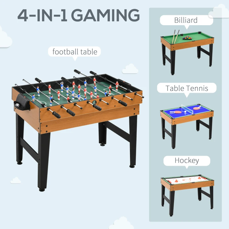 HOMCOM Masă de Joc 4 în 1 cu Fotbal de Masă, Biliard, Ping-Pong și Air Hockey, Vârstă 6+ Ani, 107x61x84,5 cm, Multicolor