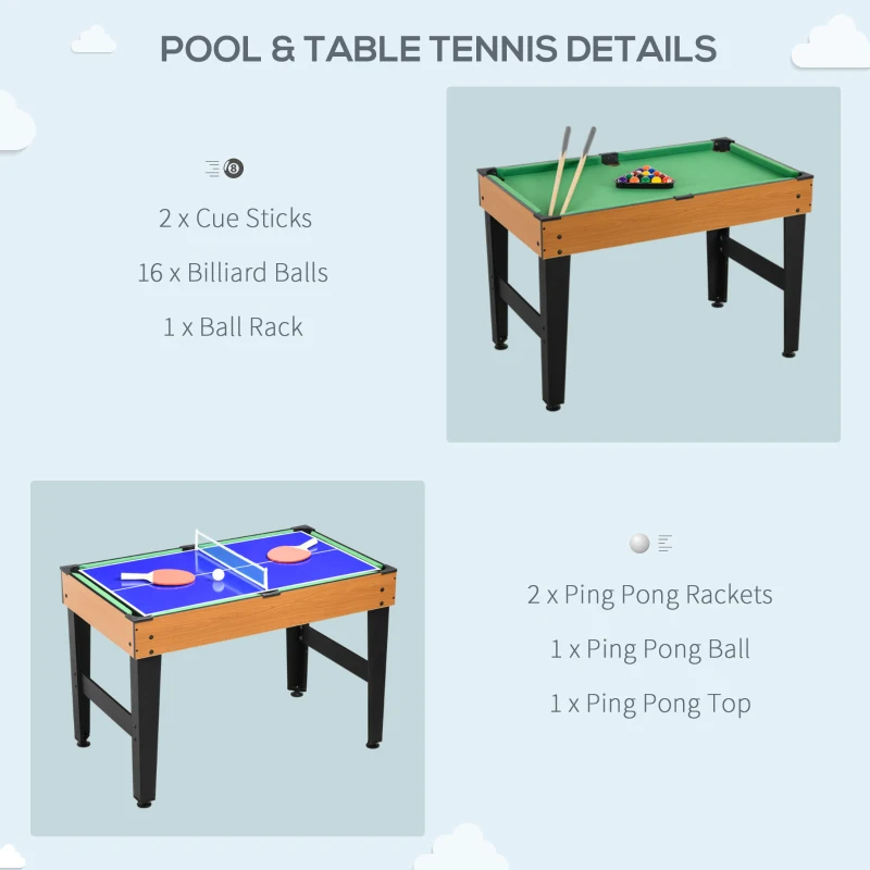 HOMCOM Masă de Joc 4 în 1 cu Fotbal de Masă, Biliard, Ping-Pong și Air Hockey, Vârstă 6+ Ani, 107x61x84,5 cm, Multicolor