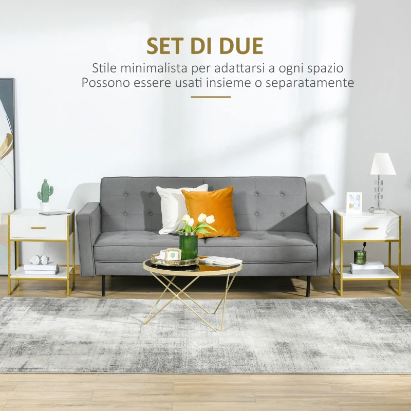 HOMCOM Set 2 Comodini Moderni con Cassetto e Ripiano Aperto in MDF e Acciaio, 45x40x60cm, Bianco e Oro