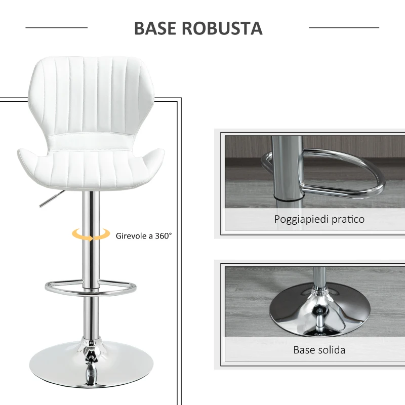 HOMCOM Set 2 Sgabelli da Bar Ergonomici ad Altezza Regolabile con Poggiapiedi, 47x51.5x92-114 cm, Bianco