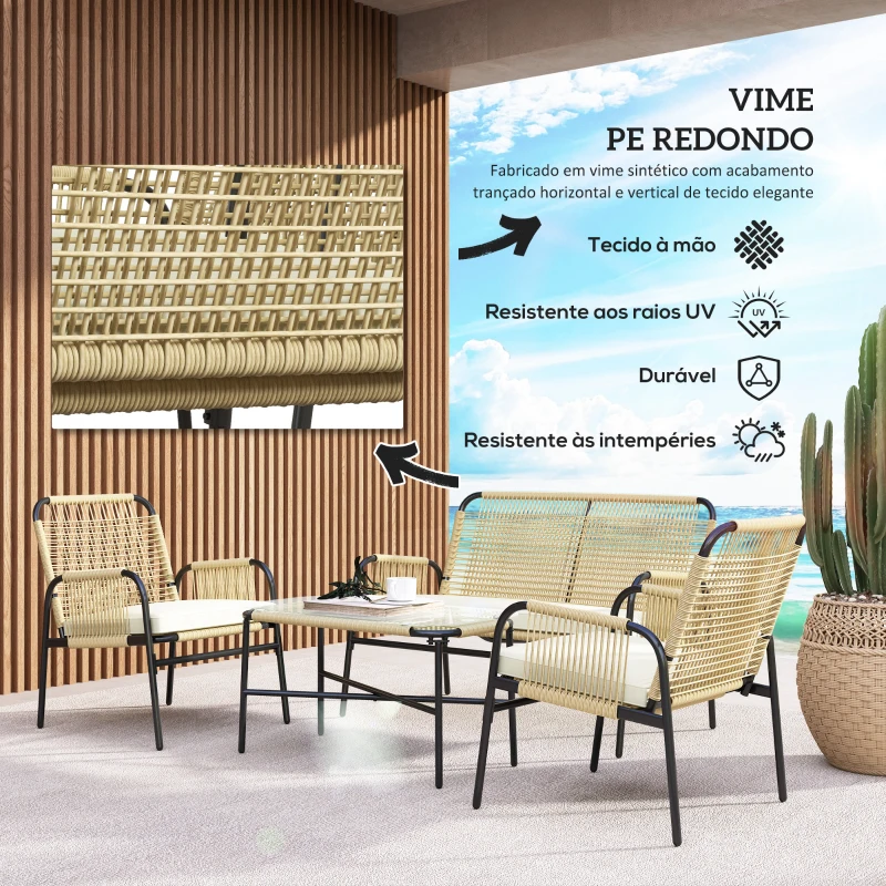 Outsunny Conjunto de 4 Peças de Móveis de Jardim de Vime Sintético com 2 Poltronas 1 Sofá Duplo 1 Mesa de Centro Natural e Preto