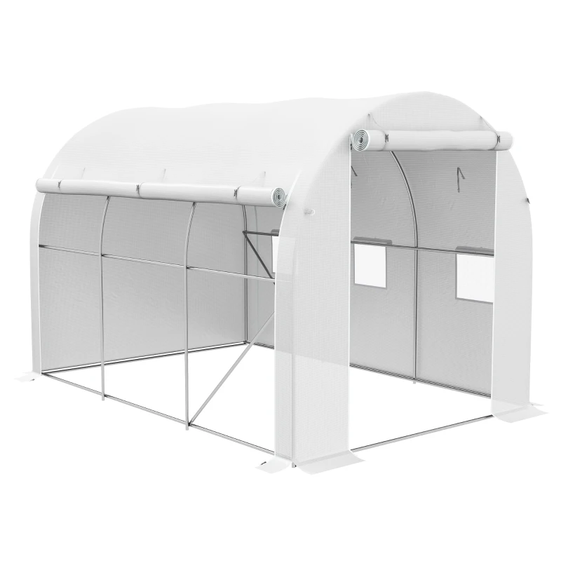 Outsunny Serre de jardin 6 m² dim. 3 x 2 m avec 1 porte + 2 parois latérales zippées enroulables, 6 fenêtres, Blanc