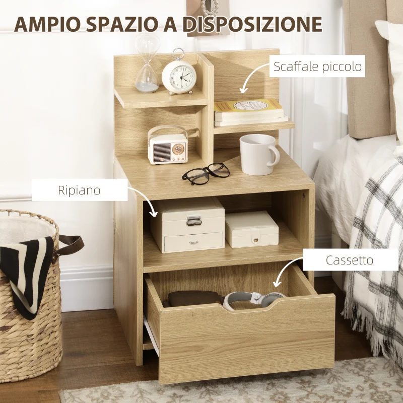 HOMCOM Comodino con 2 Ripiani Aperti e Cassetto in Truciolato per Camera da Letto e Salotto, 45x35x73 cm