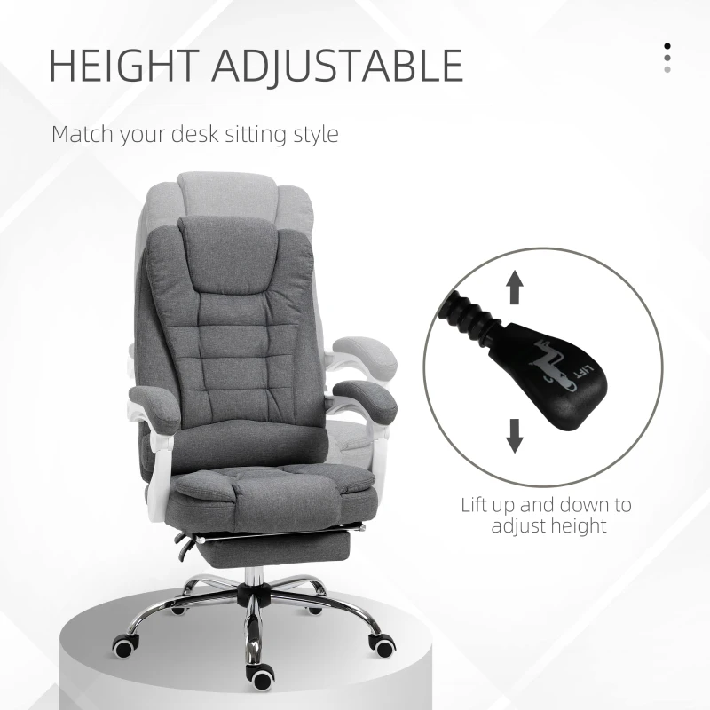 Vinsetto Scaun Ergonomic de Birou Reglabil cu Suport pentru Picioare, Spătar Înalt și Brațe, 65x70x115-123 cm, Gri