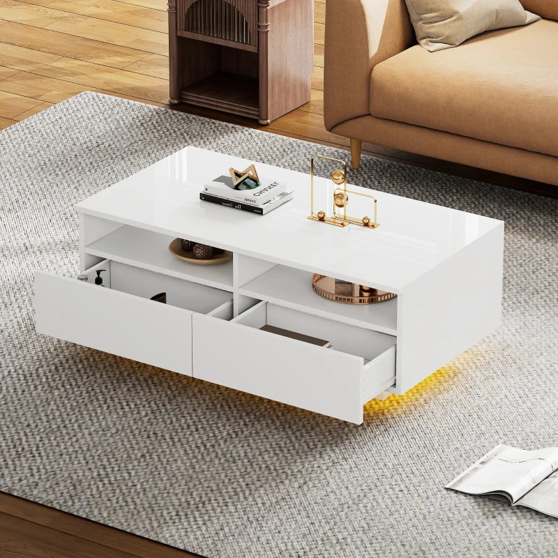 LED Hochglanz Couchtisch mit 2 Schubladen, Modern Center Table mit LED-Lichtern in 16 Farben und USB, 95×50×35 cm, Weiß