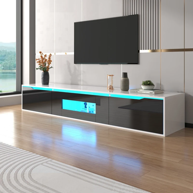 Mobilier TV lucios cu iluminare LED, design modern, 180×35×30 cm, Alb + Negru