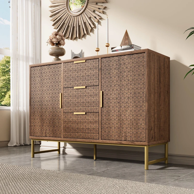 Shelves Adjustable Anti-tip Sideboard Cabinet with 3 Drawers and 2 Doors, Storage Cabinet with Embossed Design, 120L x 40W x 75H cm, Walnut
