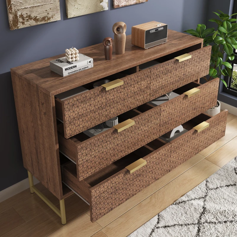 Embossed Design Wood Chest of Drawers with 6 Drawers, Living Room Sideboard with Anti-tip Design, 120L x 40W x 75H cm, Walnut