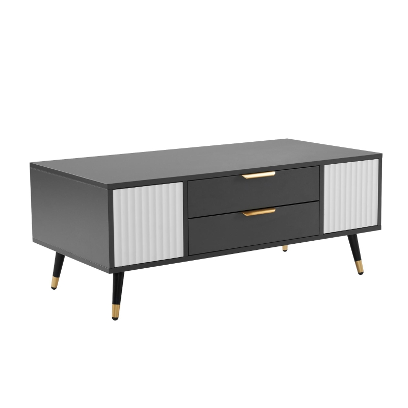Măsuță de cafea modernă 100×50×40 cm cu 2 uși, 2 sertare și accente aurii, spațiu de depozitare practic, Alb+gri
