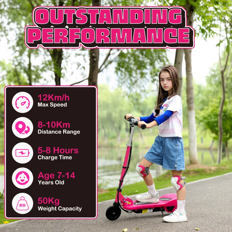 HOMCOM Folding Electric Kids Scooter Ride on Age 7-14, Pink
