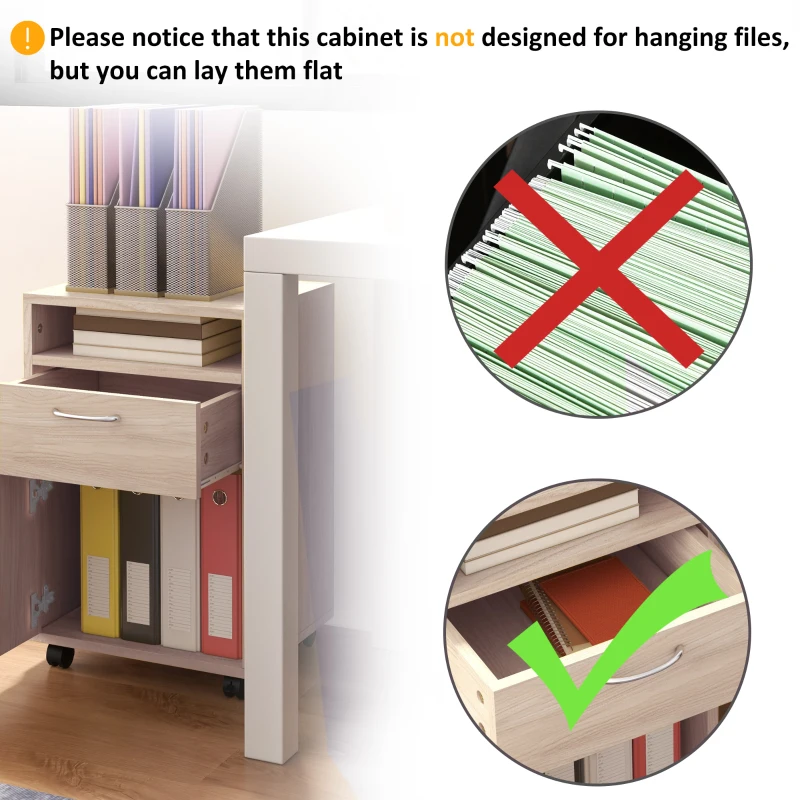 HOMCOM Dulap de Birou cu 4 Roți, Raft Deschis, 2 Sertare, Mobilier de Birou din Lemn și Metal, 40x35x60 cm, Lemn Natural