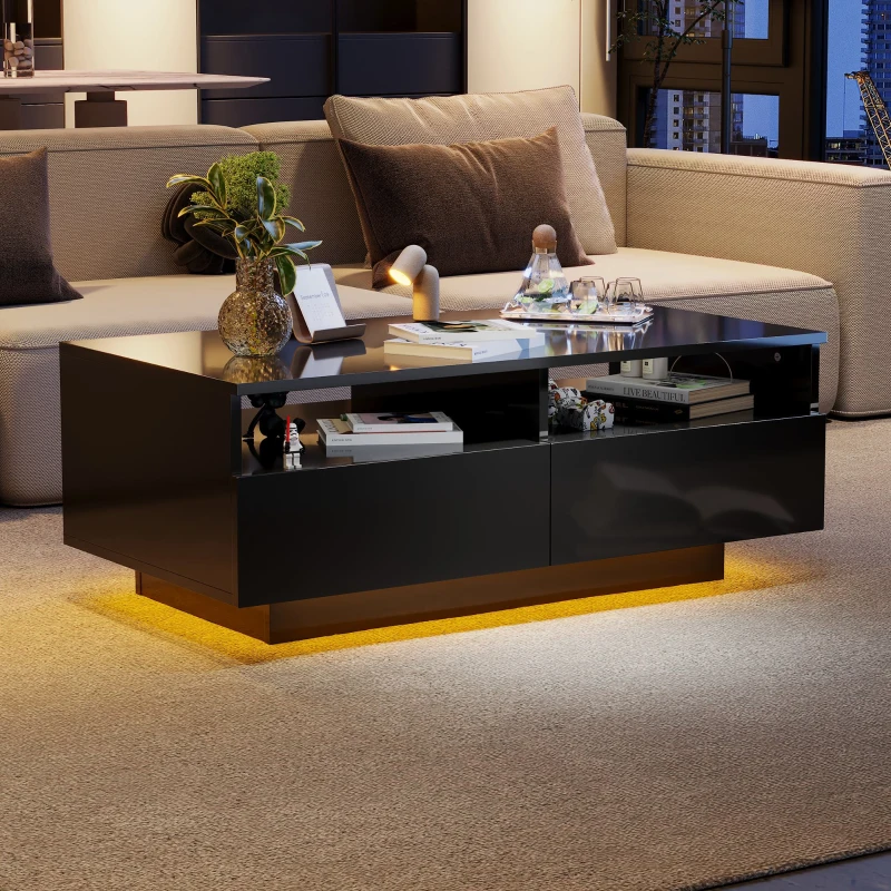 LED Hochglanz Couchtisch mit 2 Schubladen, Modern Center Table mit LED-Lichtern in 16 Farben, USB, 95×50×35 cm, Schwarz