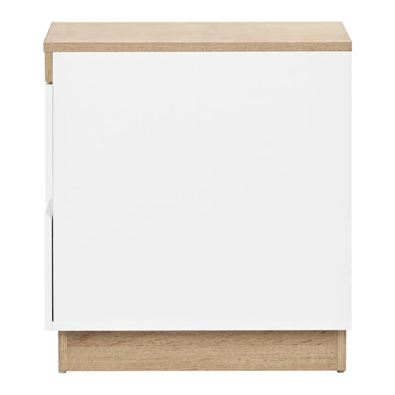 Table de chevet avec deux tiroirs, commode de nuit en panneau de particules, beaucoup d'espace de rangement, Blanc+Chêne
