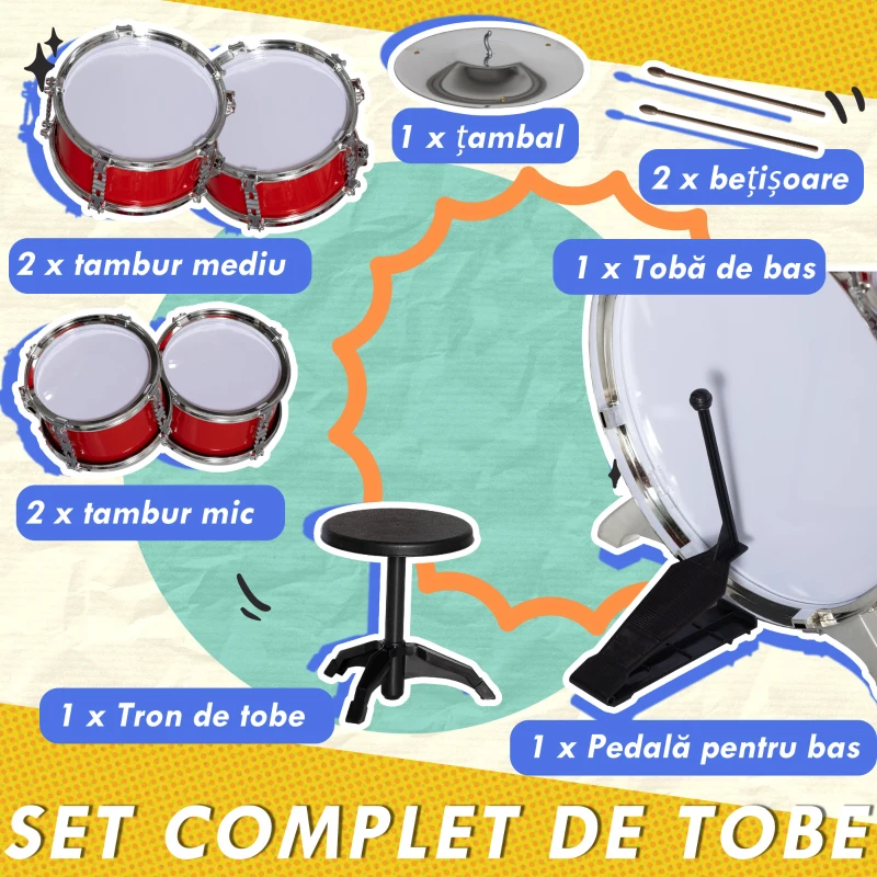 AIYAPLAY Set Tobe Începatori 3-6 Ani din 5 Piese, pentru Casa și Grădiniță, 68,5x37x84 cm, Roșu
