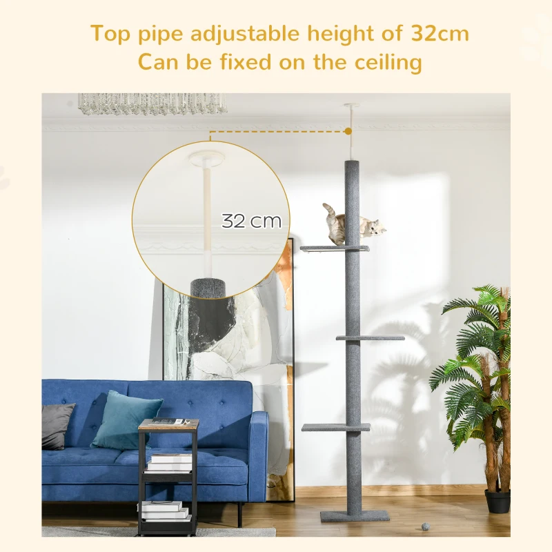 PawHut Stâlp de Zgâriat pentru Pisici pe 4 Niveluri și Fixare pe Tavan Reglabil, 43x27x228-260 cm, Gri