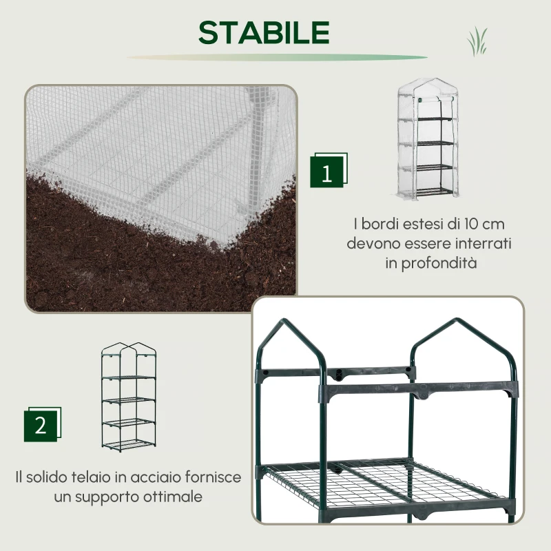 Outsunny Serra per Piante Verticale con Scaffale a 4 Ripiani in Acciaio e PE Bianco, 70x50x160cm