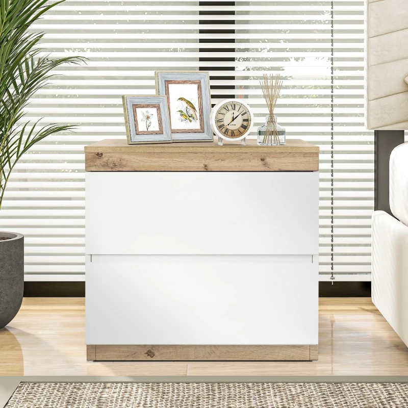 Comodino con due cassetti, funzione contenitore, per camera da letto, Bianco + Naturale
