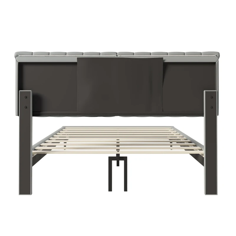 Stilvolles Polsterbett, 140×200, Kunstleder, Abnehmbare Rückenlehne mit Reißverschluss, Lattenrost und Kopfteil, ohne Matratze, Grau