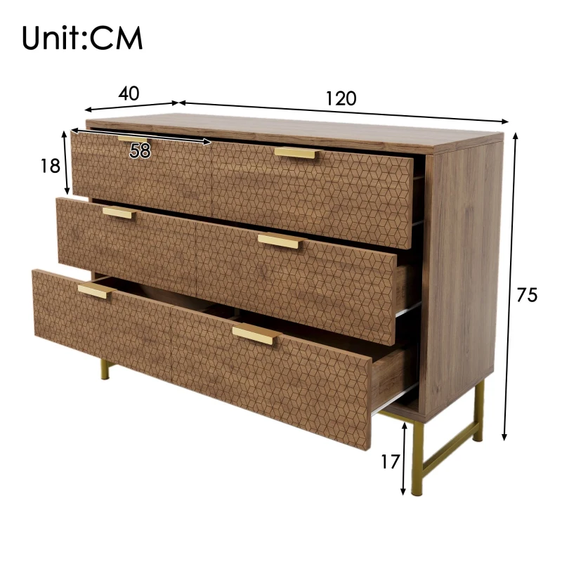 Embossed Design Wood Chest of Drawers with 6 Drawers, Living Room Sideboard with Anti-tip Design, 120L x 40W x 75H cm, Walnut