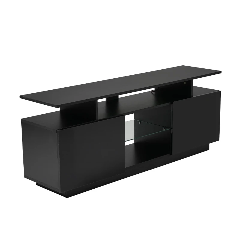 Moderner TV-Schrank mit 16-Farben-LED-Beleuchtung, Hochglanz-Türpaneel, Glasfach, 140×35×55 cm, Schwarz