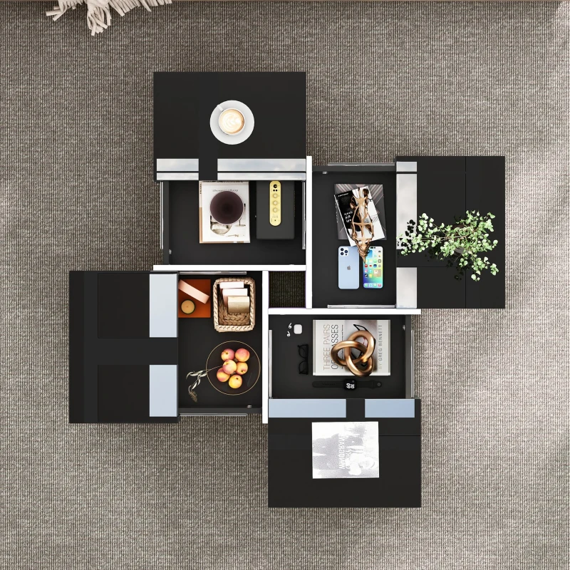 Elegante Tavolino da Caffè Lucido con Vano Portaoggetti Integrato e 4 Cassetti, 70×70×35 cm, Nero e Bianco