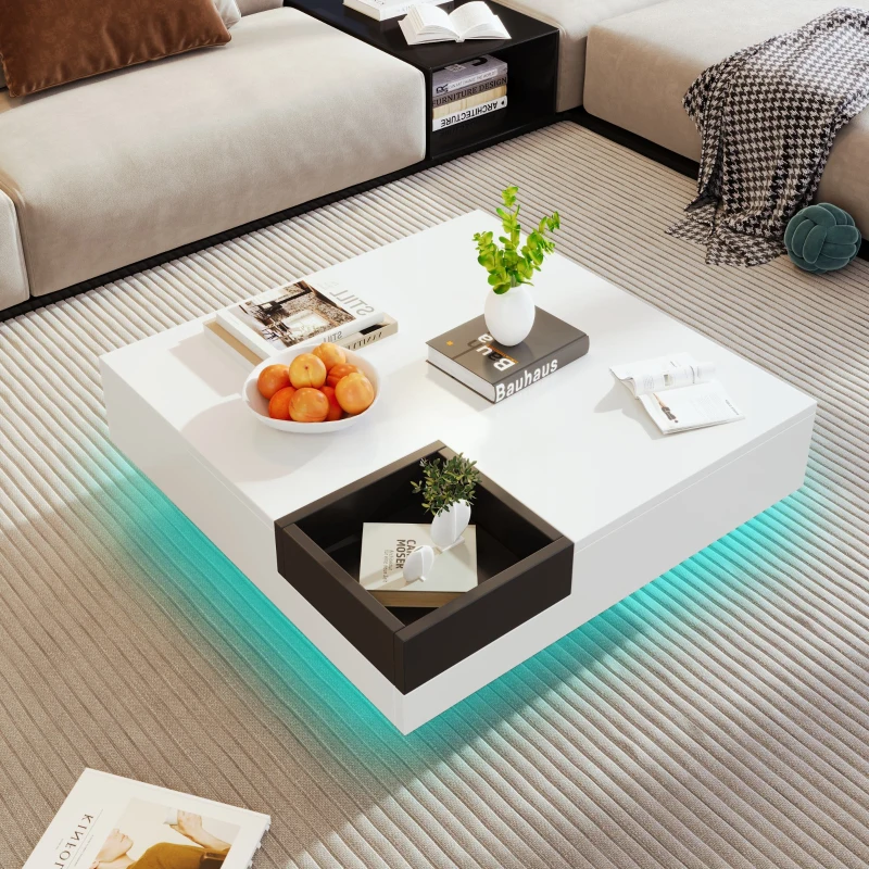 Table basse en haute brillance, table d'appoint avec boîte de rangement amovible et effet lumineux LED, 72×72×30 cm, Blanc