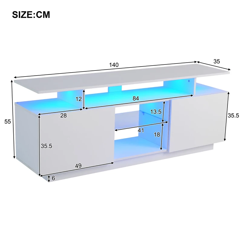 Moderner TV-Schrank mit 16-farbiger LED-Beleuchtung, Hochglanzoberfläche, Glasfächern und 5 offenen Ablagen, 140×35×61 cm, Weiß