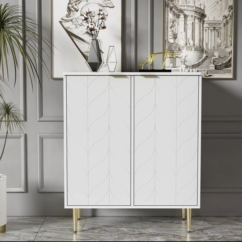 Sideboard mit 2 Türen, Kommode für Wohnzimmer, Bad- und Schlafzimmer, vergoldete Füße und Griff, florales Muster, stoßsicheres Eckdesign, 3 Einlegeböden, 6 Fächer, 75Lx40Bx90H, Golden+Weiß