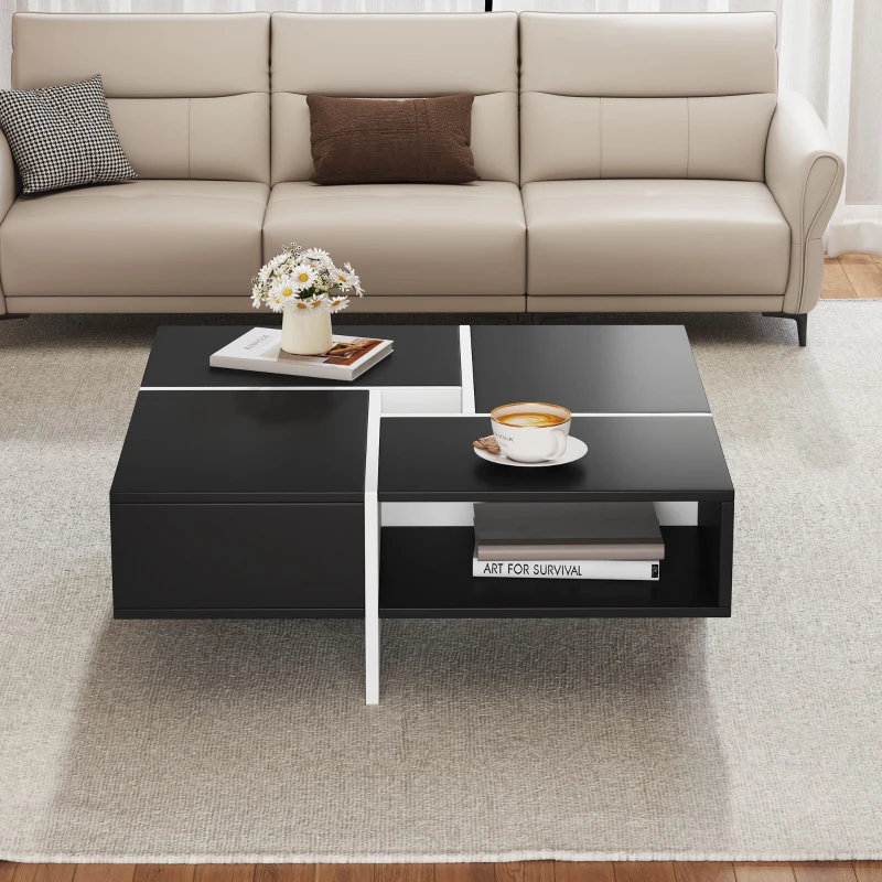Table basse carrée moderne,  70×70×35 cm,  design noir et blanc,  5 compartiments ouverts,  compartiment central 10×10 cm, Blanc+Noir