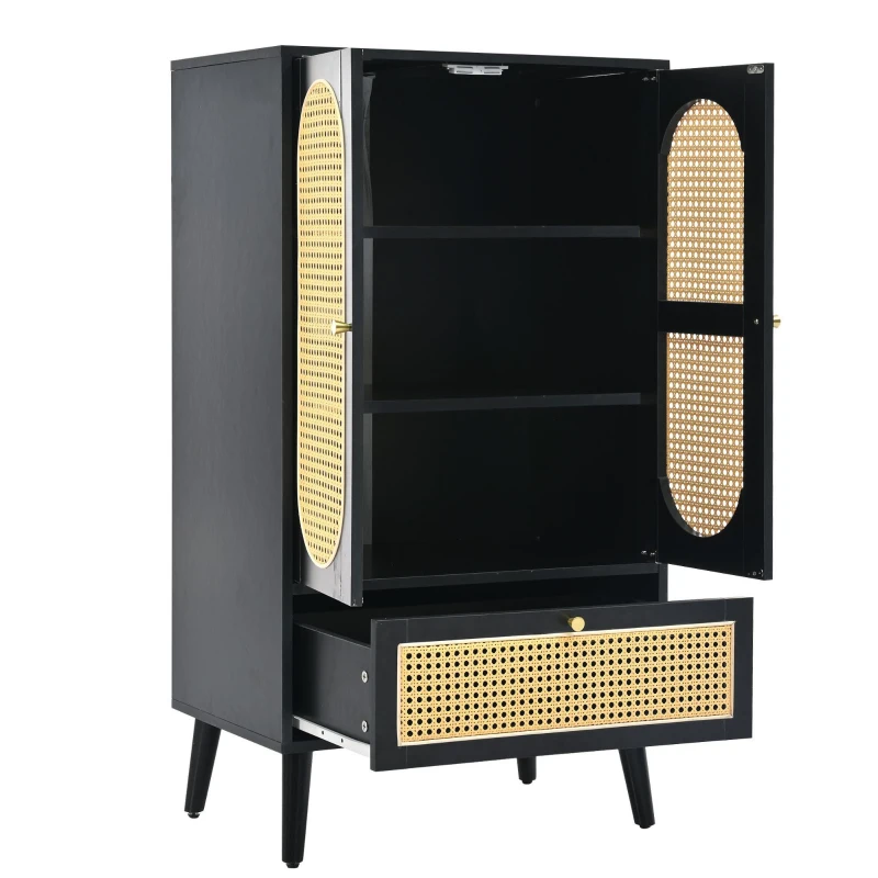 Comodă compactă, design din ratan, 2 uși, 1 sertar, 60×40×110,5 cm, Negru