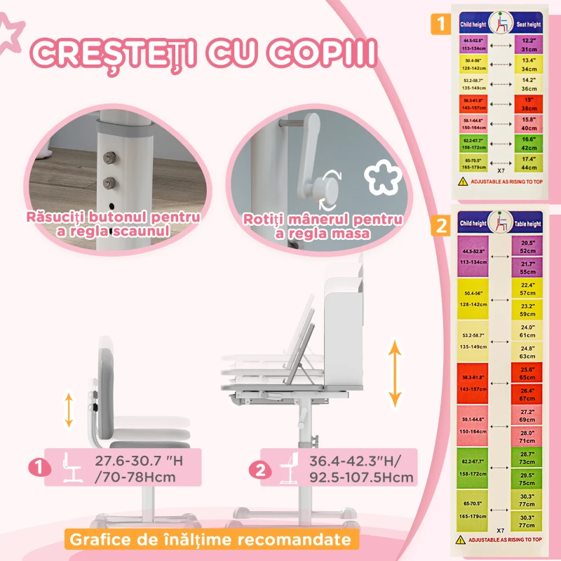 AIYAPLAY Birou Copii 3-12 Ani Reglabile pe Înălțime și Blat Înclinabil la 45°, 80x55x107.5 cm, Gri(m-5)