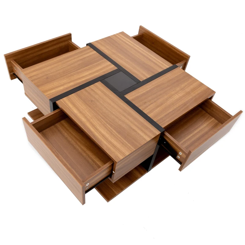 Table basse avec 4 tiroirs, design unique de couleurs et de lignes, espace de rangement inférieur, 78×78×36 cm, Naturel(m-9)
