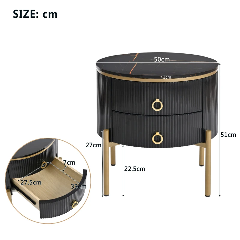 Beistelltisch mit Schubladen, Marmorstruktur, vergoldete Beine und Griffe, verstellbar, 50×50×51 cm, Schwarz