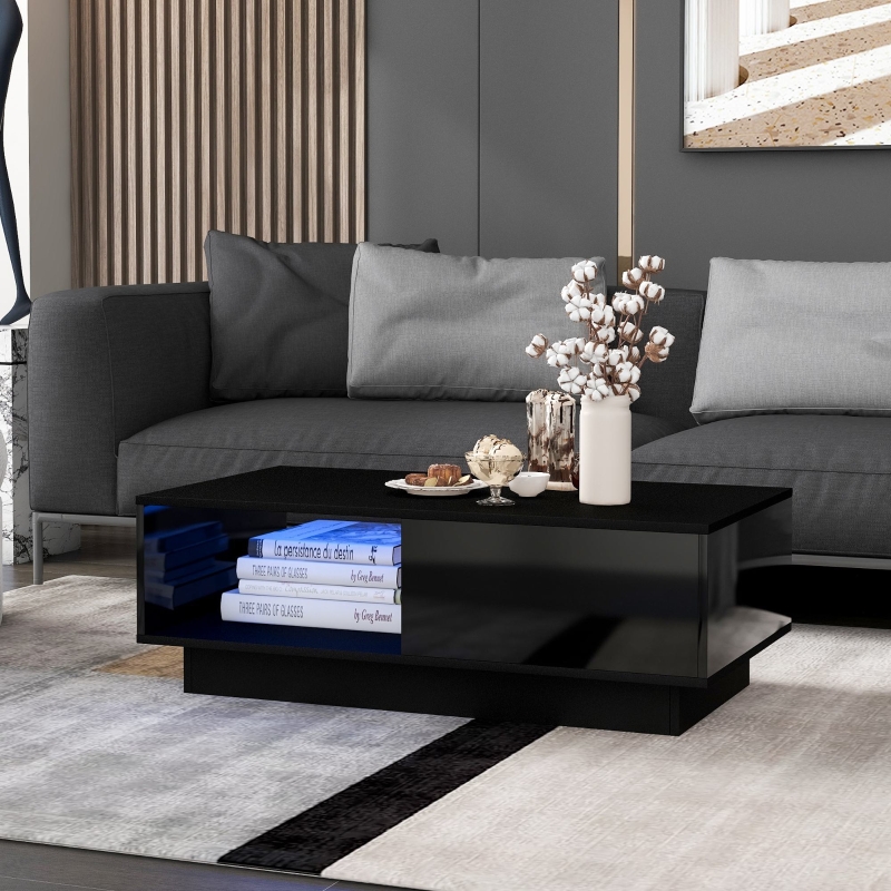 Moderner Hochglanz-Couchtisch mit LED-Licht, Schwarz