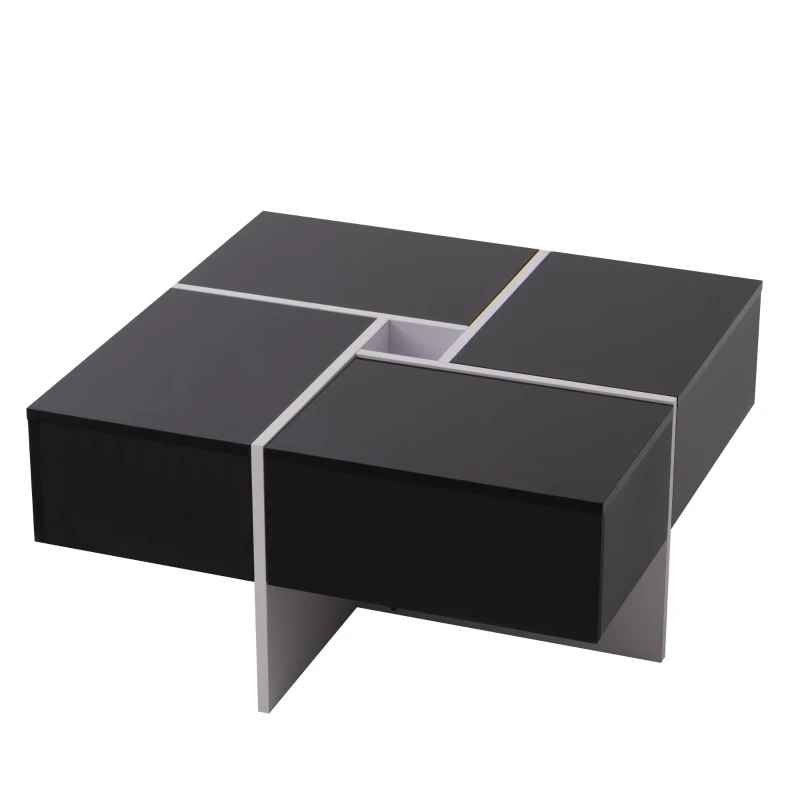 Eleganter Hochglanz-Couchtisch mit integriertem Staufach und 4 Schubladen, 70×70×35 cm, maximale Belastbarkeit 30 kg,  Schwarz+Weiß
